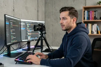 Influenceur informatique masculin enregistrant du contenu tech dans un studio home office moderne avec double écran