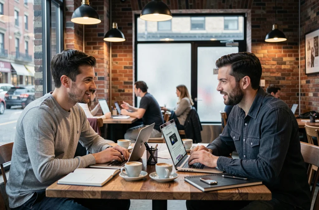 Deux influenceurs informatique en réunion de collaboration marketing dans un café urbain avec laptops et notebooks