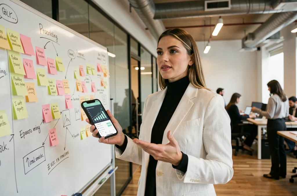 Influenceuse spécialisée tech présentant une stratégie marketing digitale dans un bureau de startup moderne