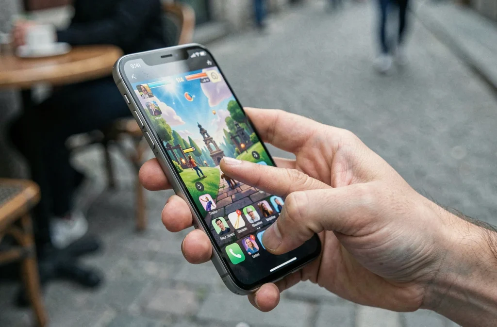 Gros plan d'un iPhone 16e en main affichant une interface de jeu mobile en extérieur dans un cadre urbain