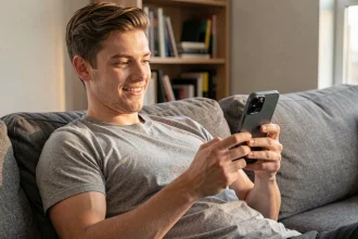 Jeune homme jouant à un jeu mobile sur iPhone 16e confortablement installé dans son salon moderne
