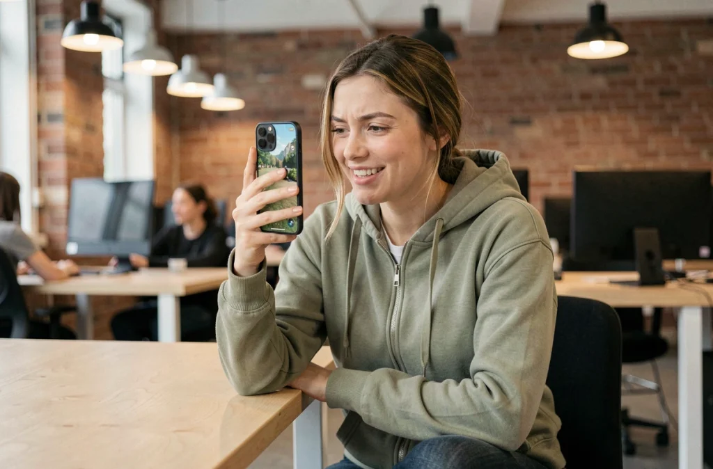 Jeune femme testant les performances de jeu d'un iPhone 16e dans un espace de co-working moderne