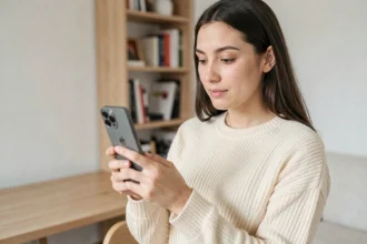 Jeune femme tenant un iPhone neuf dans un appartement moderne, idéal pour un premier achat Apple en 2026