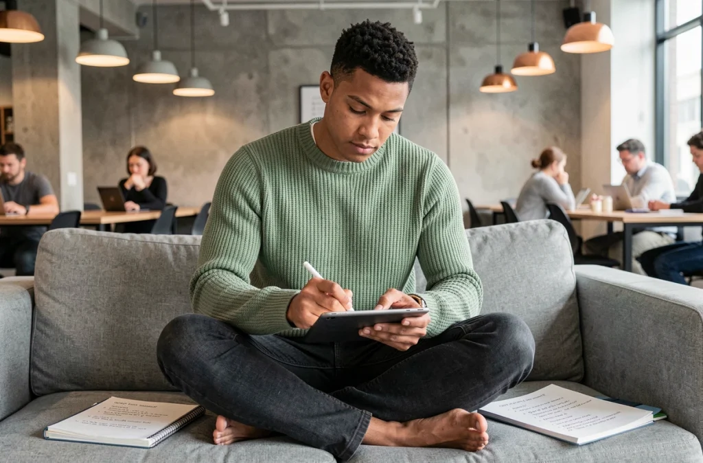 Jeune professionnel organisant ses emails sur une tablette dans un espace de coworking moderne pour mieux gérer son stress