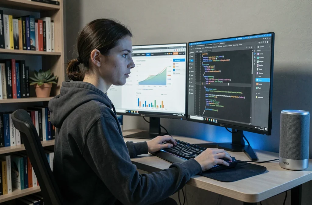 Développeuse web optimisant un site pour la recherche vocale avec données structurées sur double écran