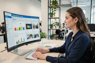 Une professionnelle du marketing numérique analyse un tableau de bord d'emailing personnalisé sur un grand écran dans un bureau moderne