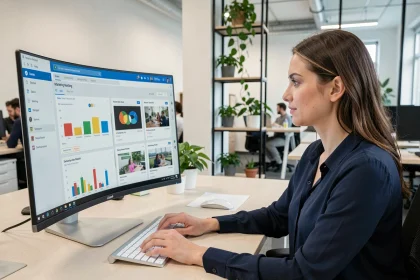Une professionnelle du marketing numérique analyse un tableau de bord d'emailing personnalisé sur un grand écran dans un bureau moderne