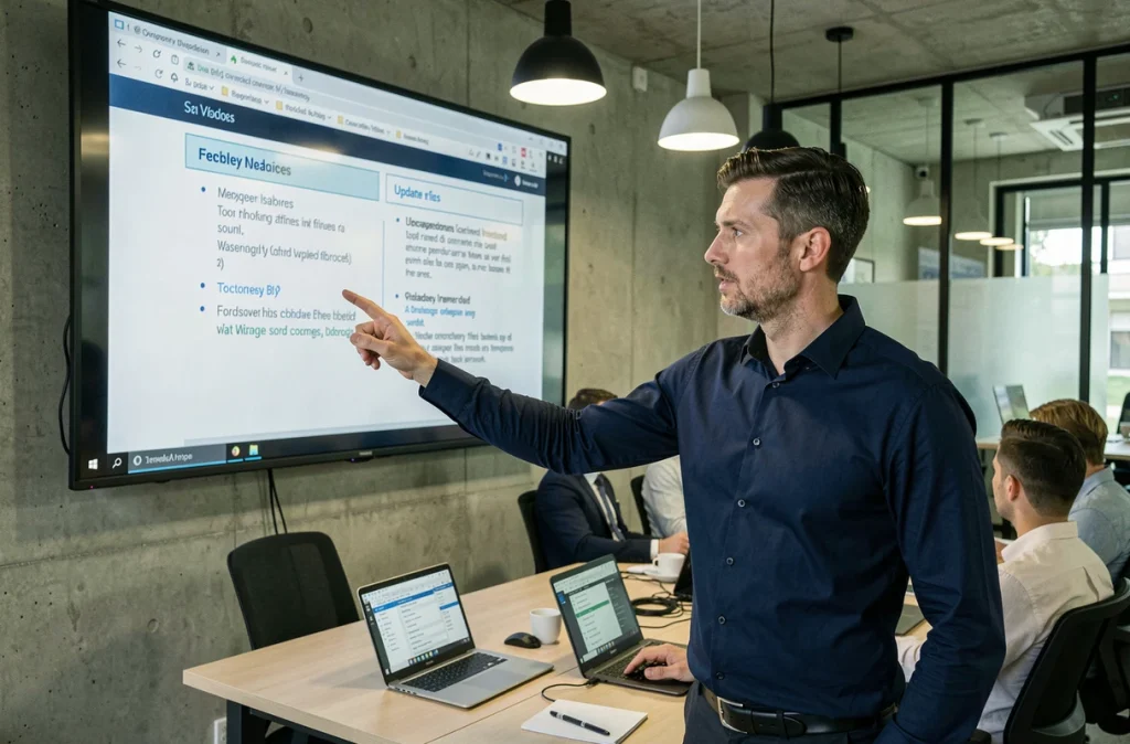 Homme présentant les nouveautés d'un logiciel lors d'un webinaire en entreprise devant un écran de projection