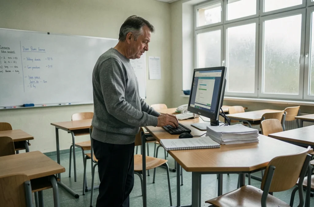 Professeur masculin consultant ses mails de cours sur un ordinateur de bureau dans une salle de classe vide