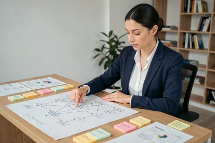 Professionnelle analysant une carte de maillage interne avec des schémas de liens interconnectés sur un bureau en bois