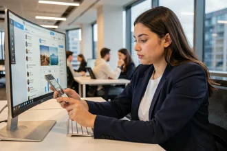 Jeune professionnelle analysant les réseaux sociaux d'une marque tech sur un écran dans un bureau moderne