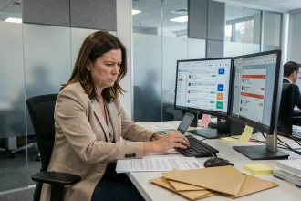 Femme cadre frustrée devant un écran affichant des erreurs de réception courrier PIX dans un bureau moderne