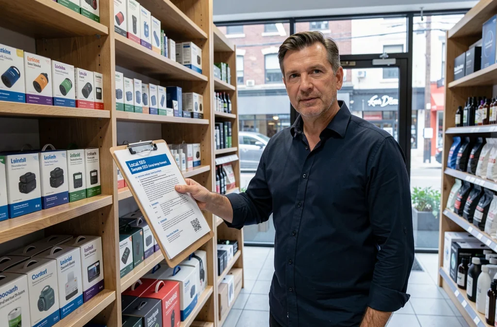 Gérant de commerce local examinant un rapport de référencement SEO et de backlinks pour optimiser sa boutique en ligne