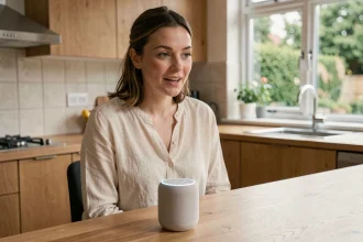 Femme parlant à un haut-parleur intelligent pour effectuer une recherche vocale depuis sa cuisine moderne