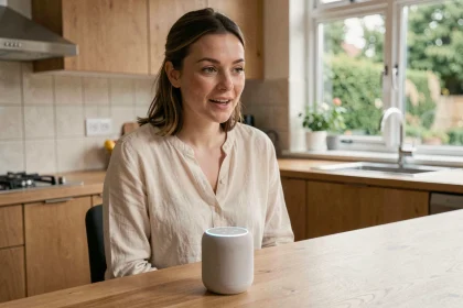 Femme parlant à un haut-parleur intelligent pour effectuer une recherche vocale depuis sa cuisine moderne