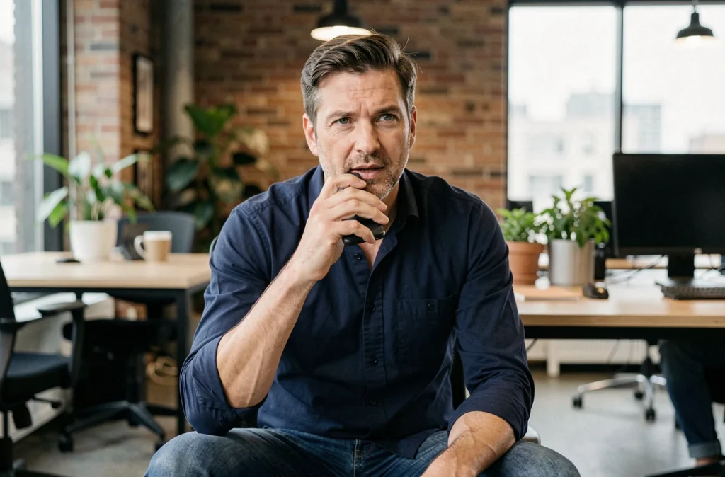 Homme utilisant la recherche vocale sur smartphone dans un espace de coworking moderne