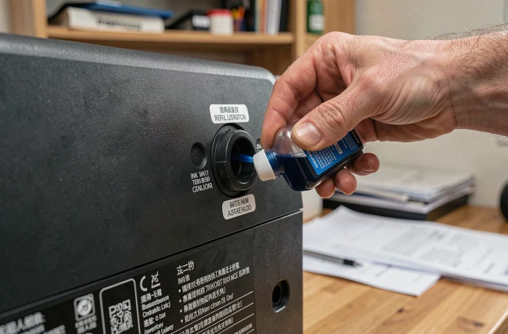 Gros plan d'un homme remplissant le réservoir d'encre d'une imprimante avec un flacon de recharge coloré