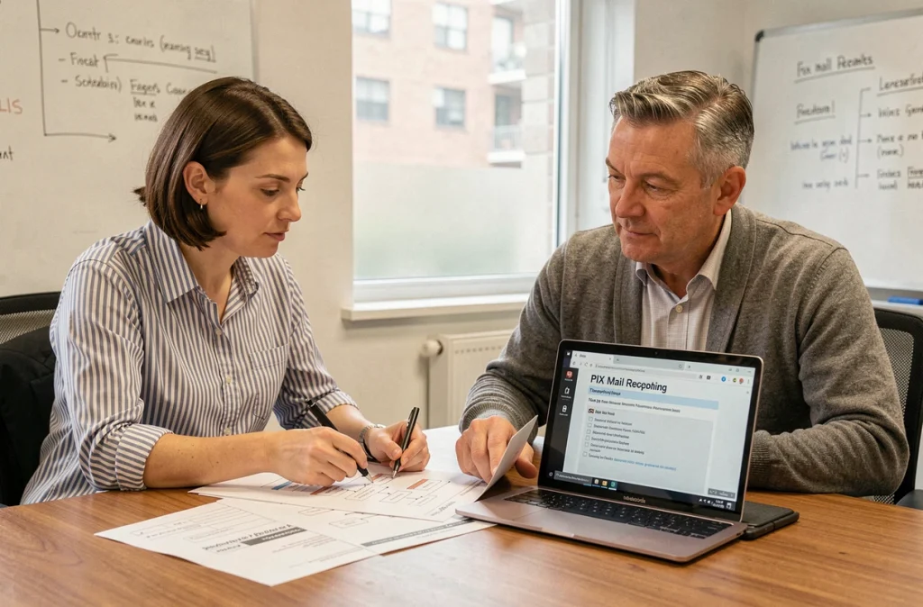 Deux collègues en réunion analysant un problème de protocole réception courrier PIX avec documents et ordinateur portable