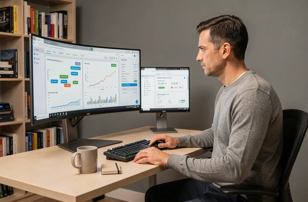 Homme spécialiste en marketing informatique travaillant seul sur une plateforme d'automatisation basée sur l'intelligence artificielle