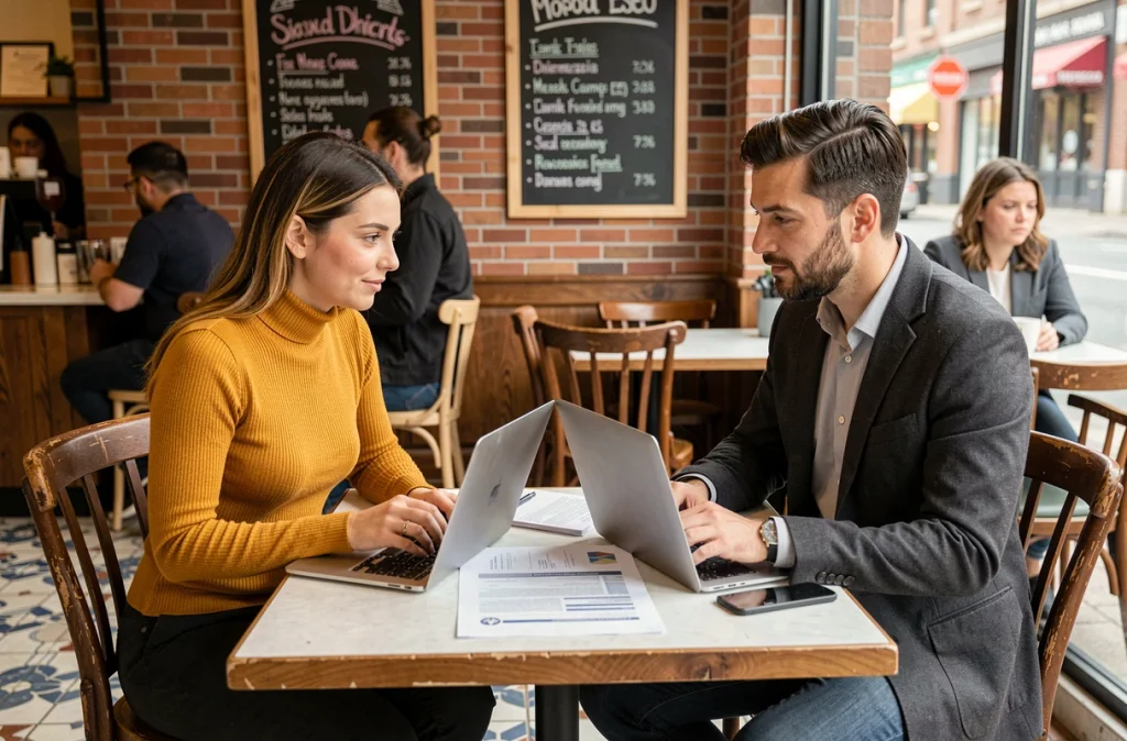 Deux professionnels du marketing digital discutant d'une stratégie de backlinks locaux pour améliorer le SEO d'une boutique en ligne dans un café urbain