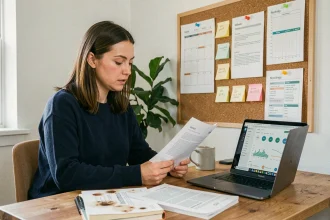 Femme analysant une stratégie de contenu evergreen sur un bureau avec un tableau de planification éditorial et des notes de mots-clés