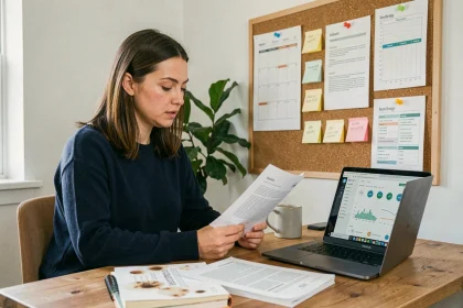 Femme analysant une stratégie de contenu evergreen sur un bureau avec un tableau de planification éditorial et des notes de mots-clés