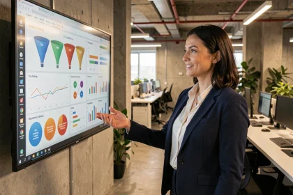 Femme cadre en entreprise présentant une stratégie marketing basée sur l'intelligence artificielle devant un écran de données analytiques