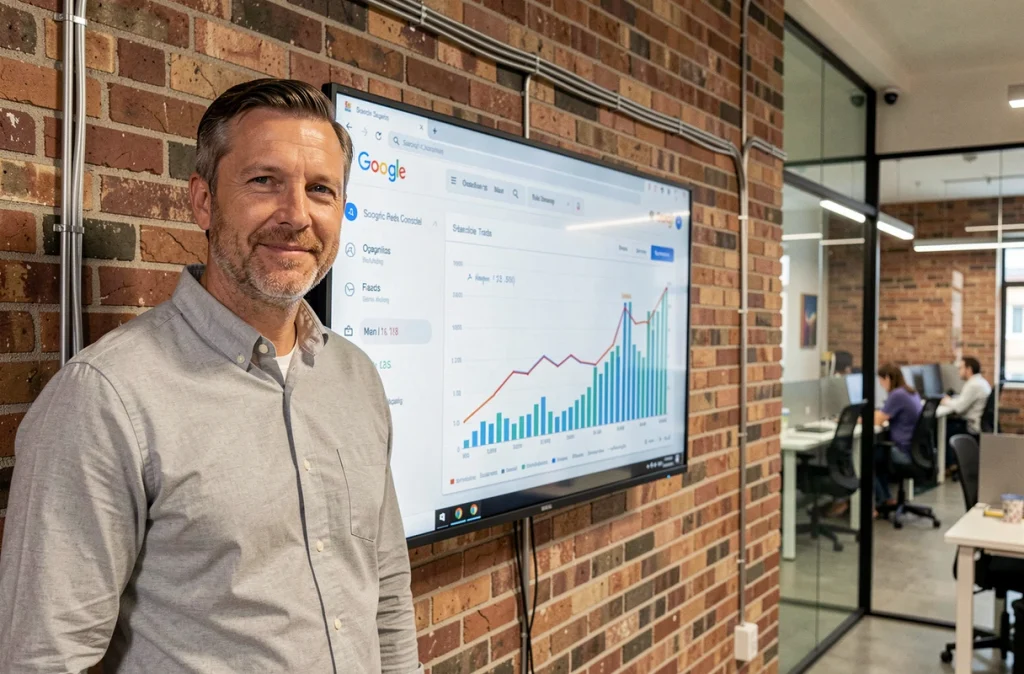 Homme consultant un tableau de bord Google Search Console montrant la croissance du trafic organique grâce au contenu evergreen