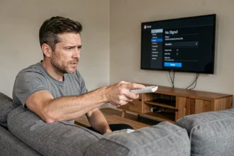 Homme tenant une télécommande Free pointée vers une TV murale avec message d'erreur HDMI CEC dans un salon moderne