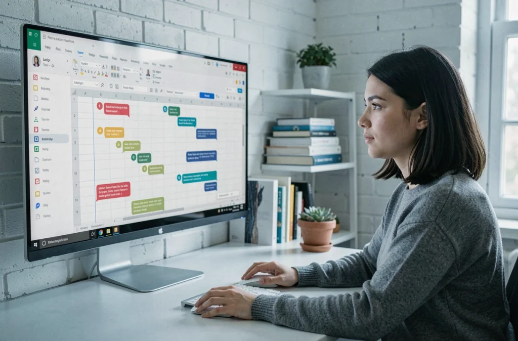 Jeune femme travaillant depuis son bureau à domicile sur un document partagé en ligne avec des collaborateurs à distance