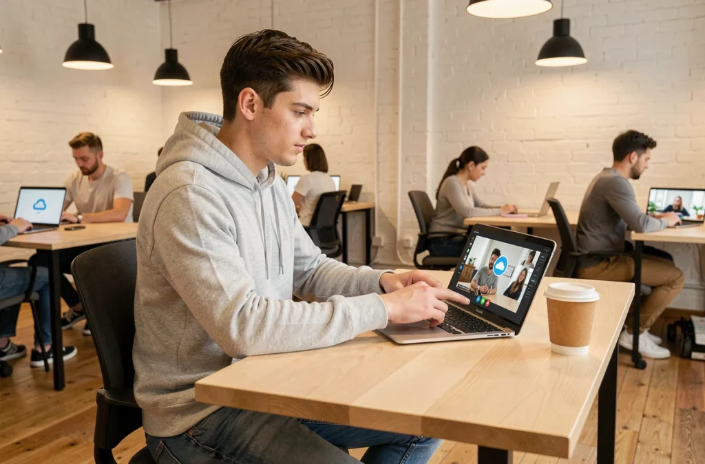 Jeune professionnel travaillant à distance avec deux appareils connectés au stockage cloud dans un espace de coworking