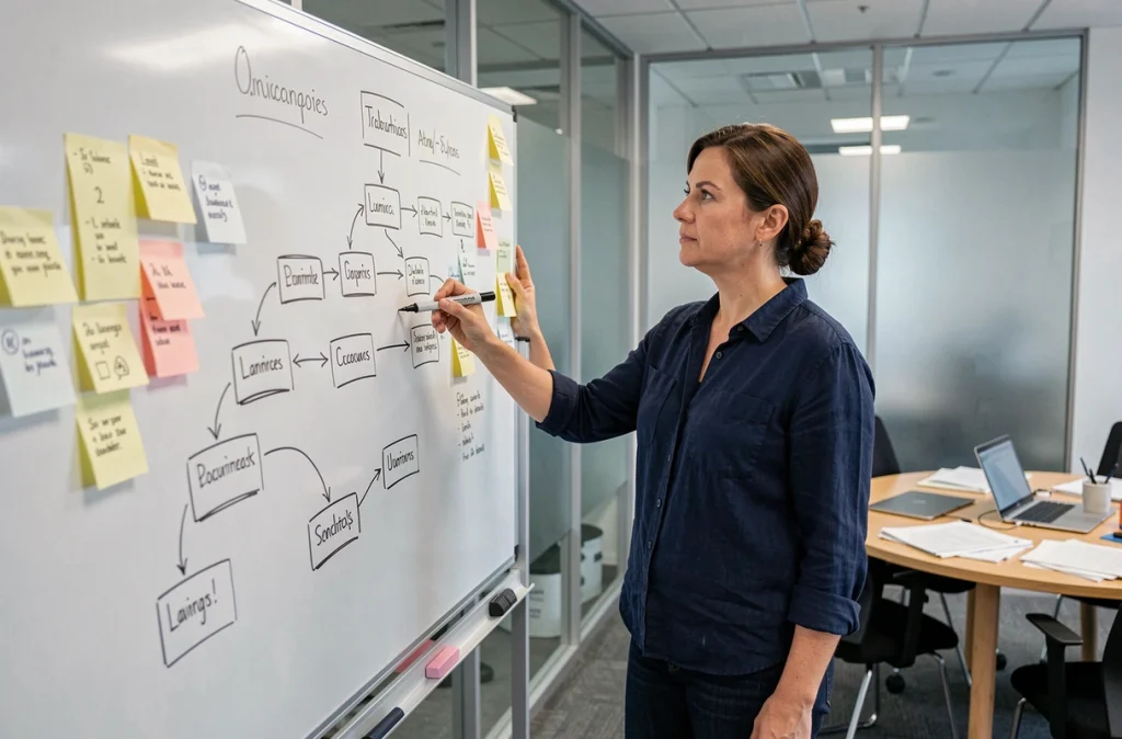 Designer UX debout devant un tableau blanc avec un schéma de fil d'Ariane et d'architecture de site web