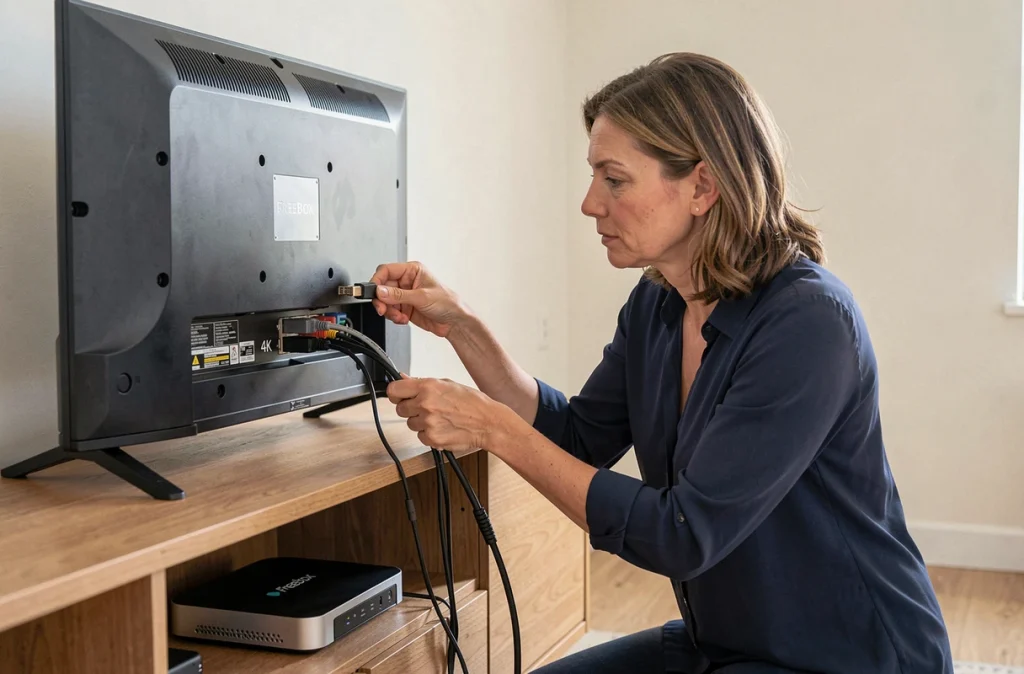 Femme vérifiant les connexions HDMI CEC à l'arrière d'une télévision avec une Freebox visible sur le meuble TV