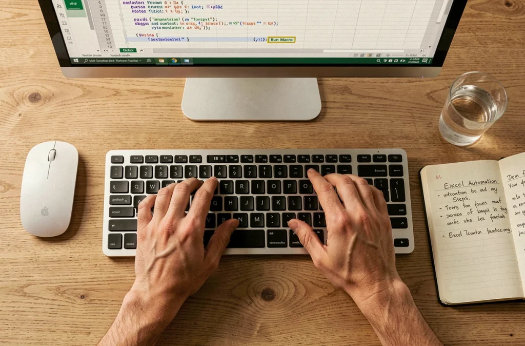 Vue aérienne des mains d'un utilisateur sur un clavier avec un classeur Excel affichant du code de macro VBA à l'écran