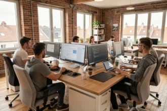 Équipe d'une agence de développement web dans les Yvelines travaillant dans un open-space moderne