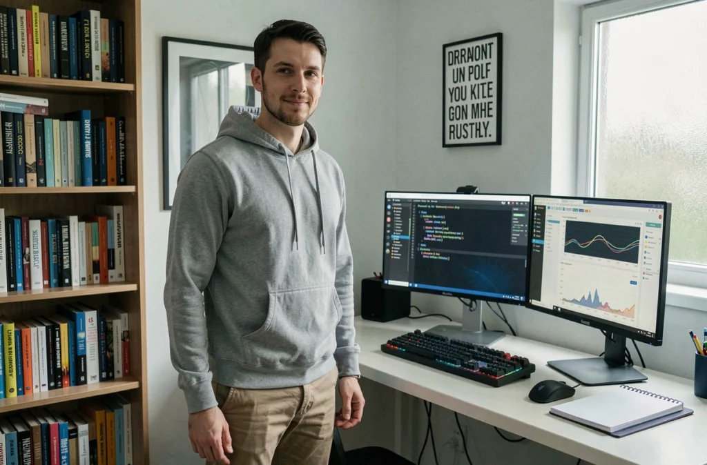 Alexis Duport, développeur web freelance des Yvelines, devant ses écrans de développement