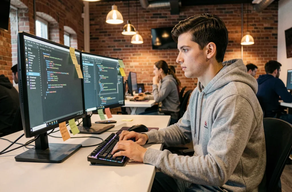 Développeur en train de coder dans un espace de travail moderne représentant l'ESN Apside dans le Rhône