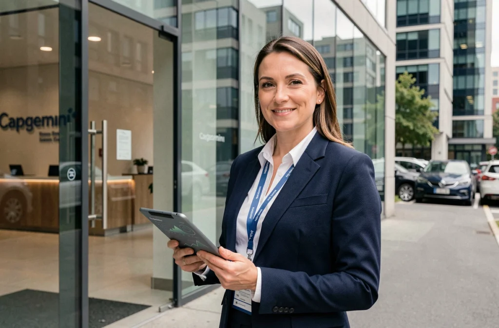 Professionnelle devant les bureaux de Capgemini, grande entreprise de services numériques présente dans le Rhône