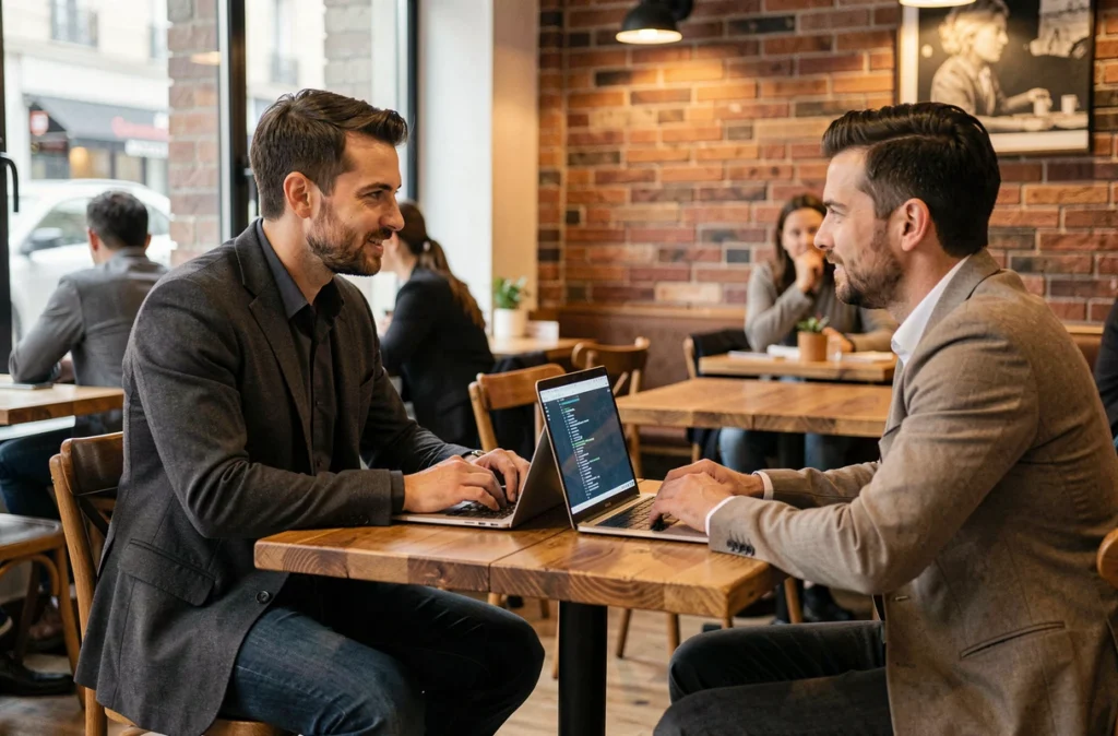 Cédric, informaticien professionnel indépendant, en consultation avec un client dans un café bordelais