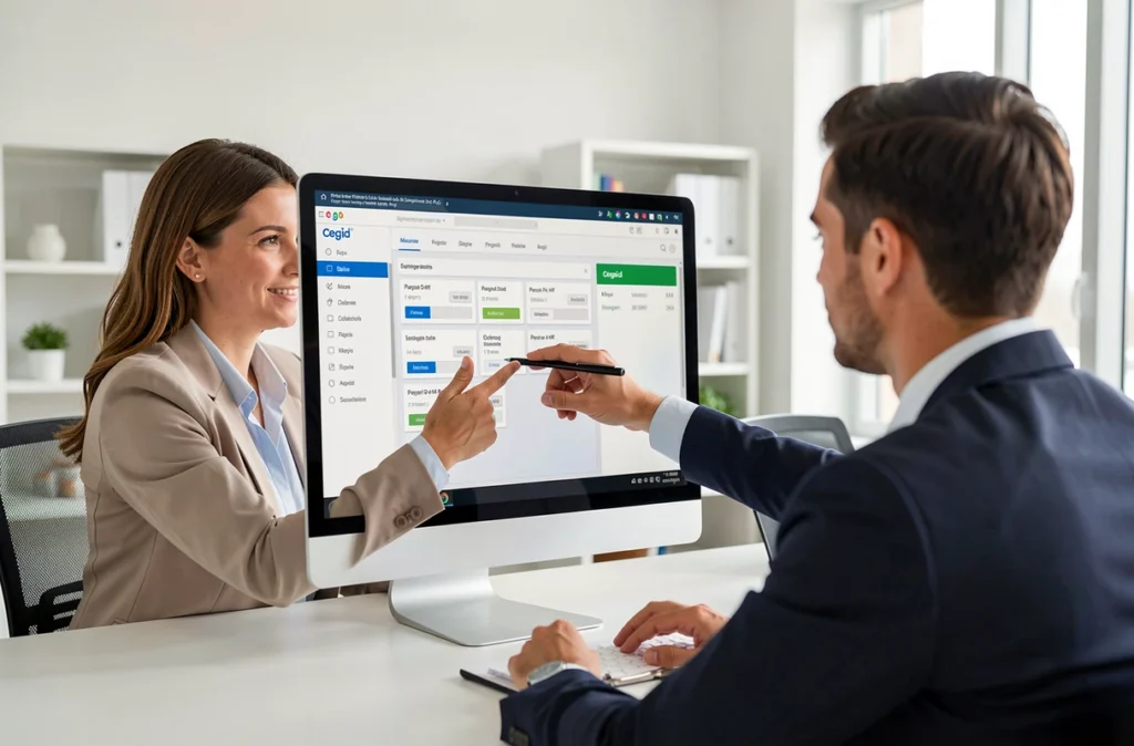 Consultante présentant un logiciel de gestion à un client, illustration des solutions Cegid dans le Rhône