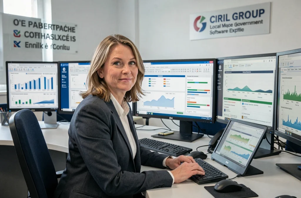Spécialiste informatique devant des tableaux de bord de gestion municipale, représentant Ciril Group et ses solutions pour collectivités dans le Rhône