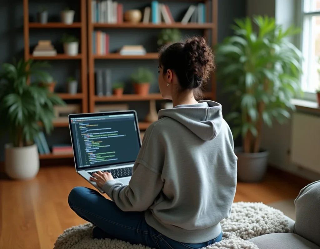 Développeuse testant son adresse IP v4 depuis un outil en ligne dans un bureau à domicile moderne