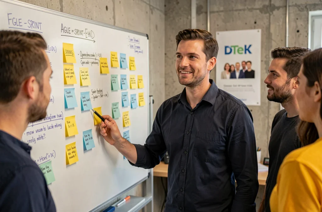 Chef de projet animant un stand-up meeting dans les bureaux de DTeK, ESN spécialisée en développement informatique dans le Rhône