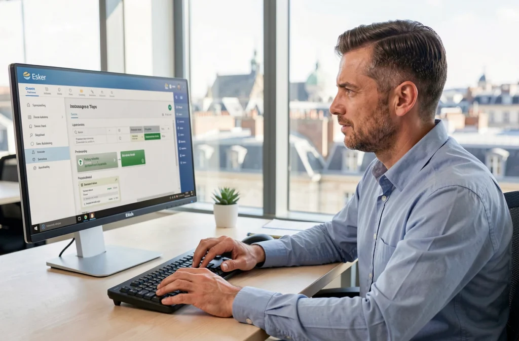 Responsable logistique consultant une interface d'automatisation documentaire, représentant Esker et ses solutions dématérialisées dans le Rhône