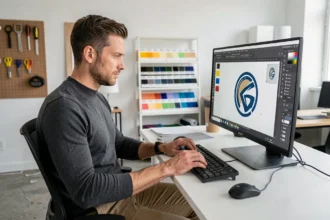 Graphiste masculin travaillant sur les réglages d'un logo dans un logiciel de design vectoriel, assis à un poste de travail minimaliste en studio