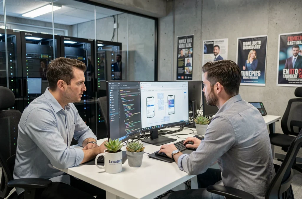 Développeurs de l'agence Incrona en session de codage collaboratif dans leurs bureaux des Yvelines