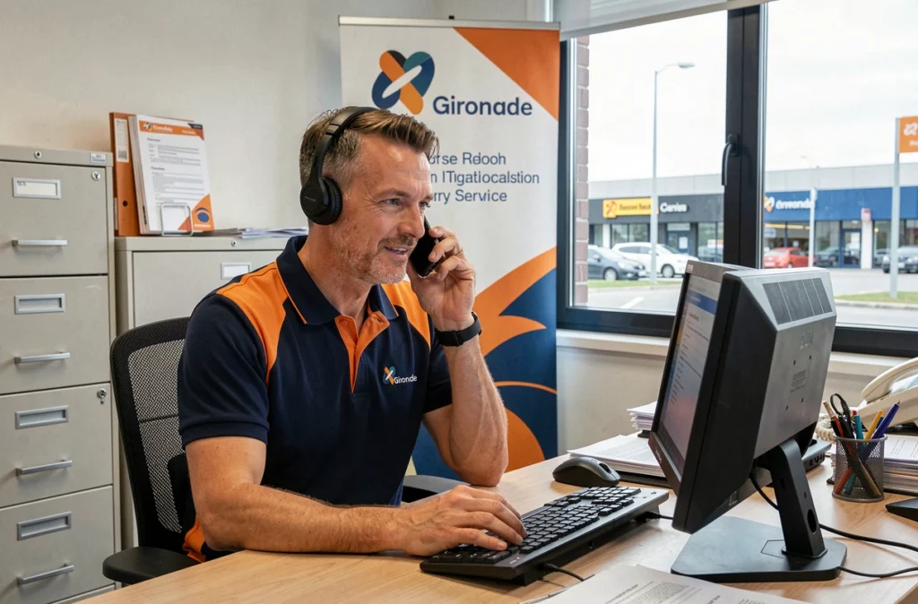 Technicien d'Informatique Services 33 gérant une demande client depuis son bureau professionnel en Gironde