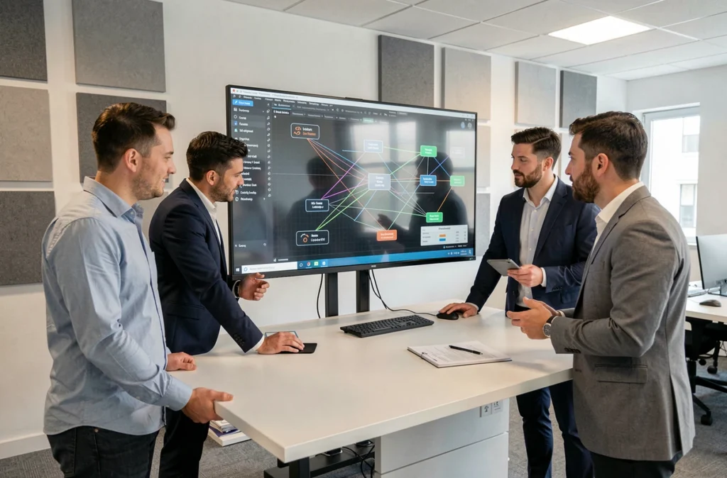 Équipe informatique autour d'un écran tactile dans les bureaux d'ITS Group, ESN spécialisée présente dans le Rhône