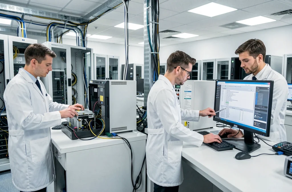 Techniciens du Laboratoire Informatique analysant des composants dans un laboratoire professionnel en Gironde