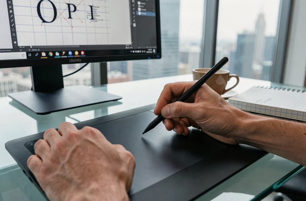 Gros plan des mains d'un designer utilisant une tablette graphique pour ajuster les réglages précis d'un logo avec guides d'alignement visibles à l'écran